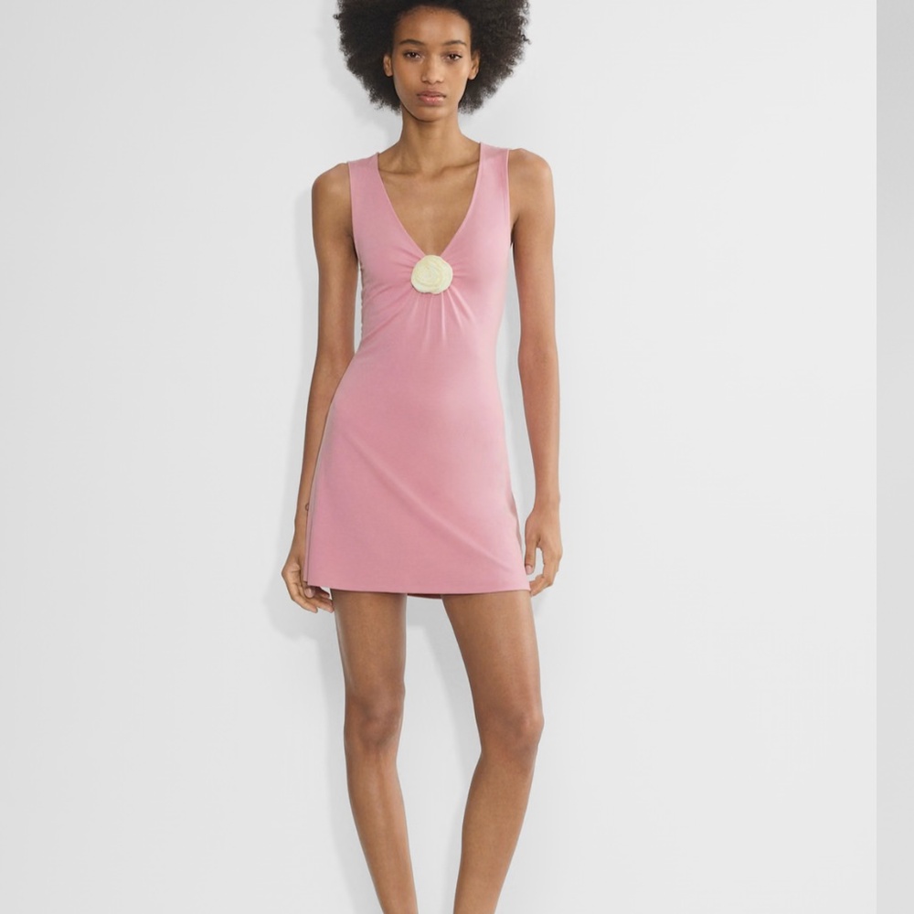 Aritzia Wilfred Rose Pink boleyn rosette v neck flower mini dress